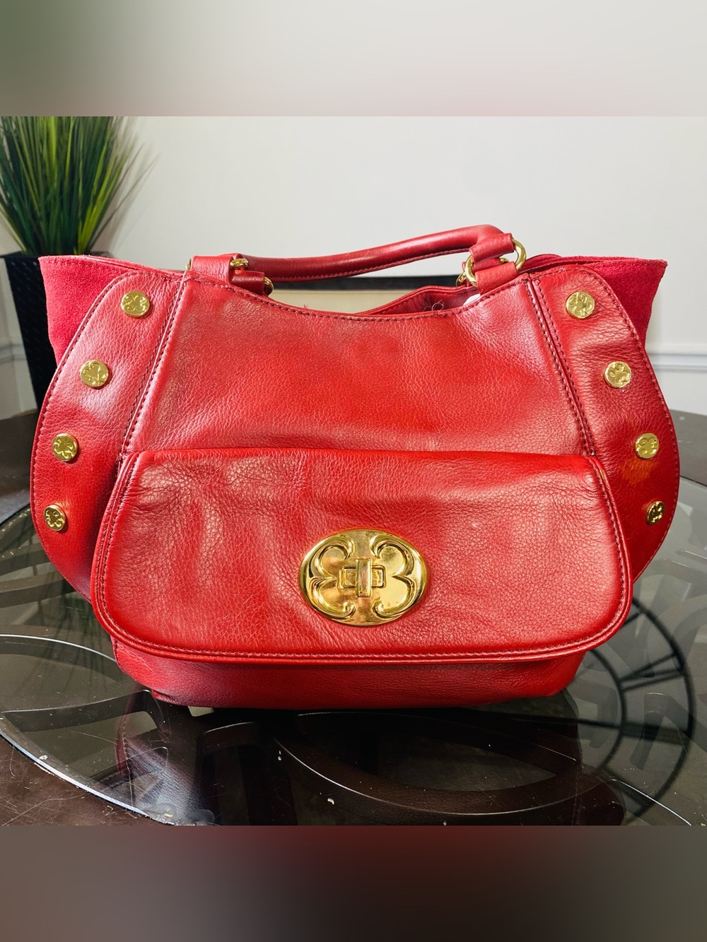 Emma Fox Red Pebbled Leather Handbag Gold Rivet Studs Floral Lining Satchel